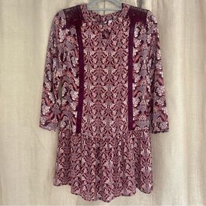 Xhiliration Flowy Floral Long Sleeve Midi Dress slip attached burgundy boho